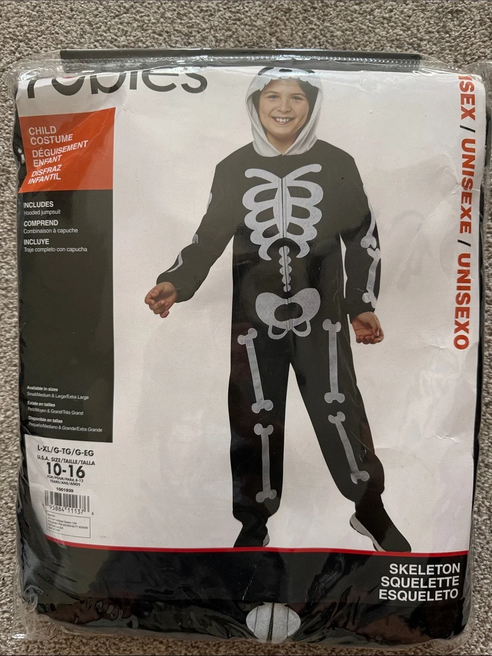 Rubie's Black Skeleton hooded Jumpsuit Costume with White Bone Print Lg|XL